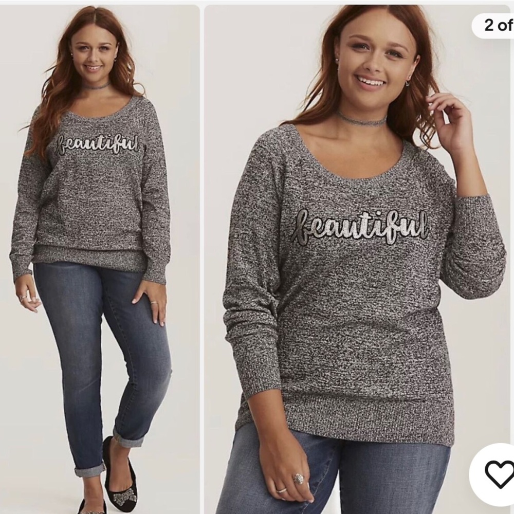 Torrid Sequin Beautiful Raglan Sweater Heather Gray Crewneck Plus Sz 0 or 12/14